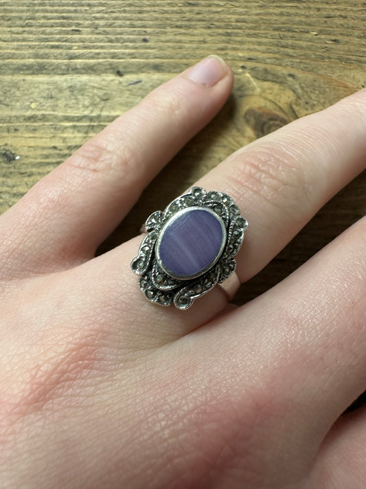 Vintage Purple Banded Agate and Marcasite Art Deco 925 Silver Size P Ring