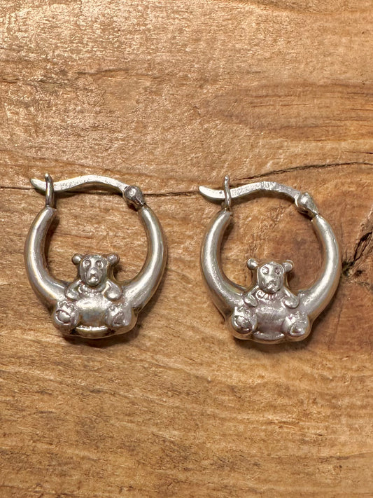 Vintage Teddy Bear Hoop 925 Silver Earrings