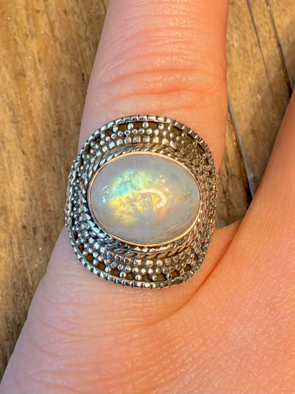 Rainbow Moonstone Braided Textured 925 Sterling Silver Size N Ring