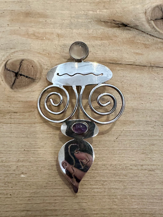 Abstract Quarts and Amethyst 925 Silver Brooch