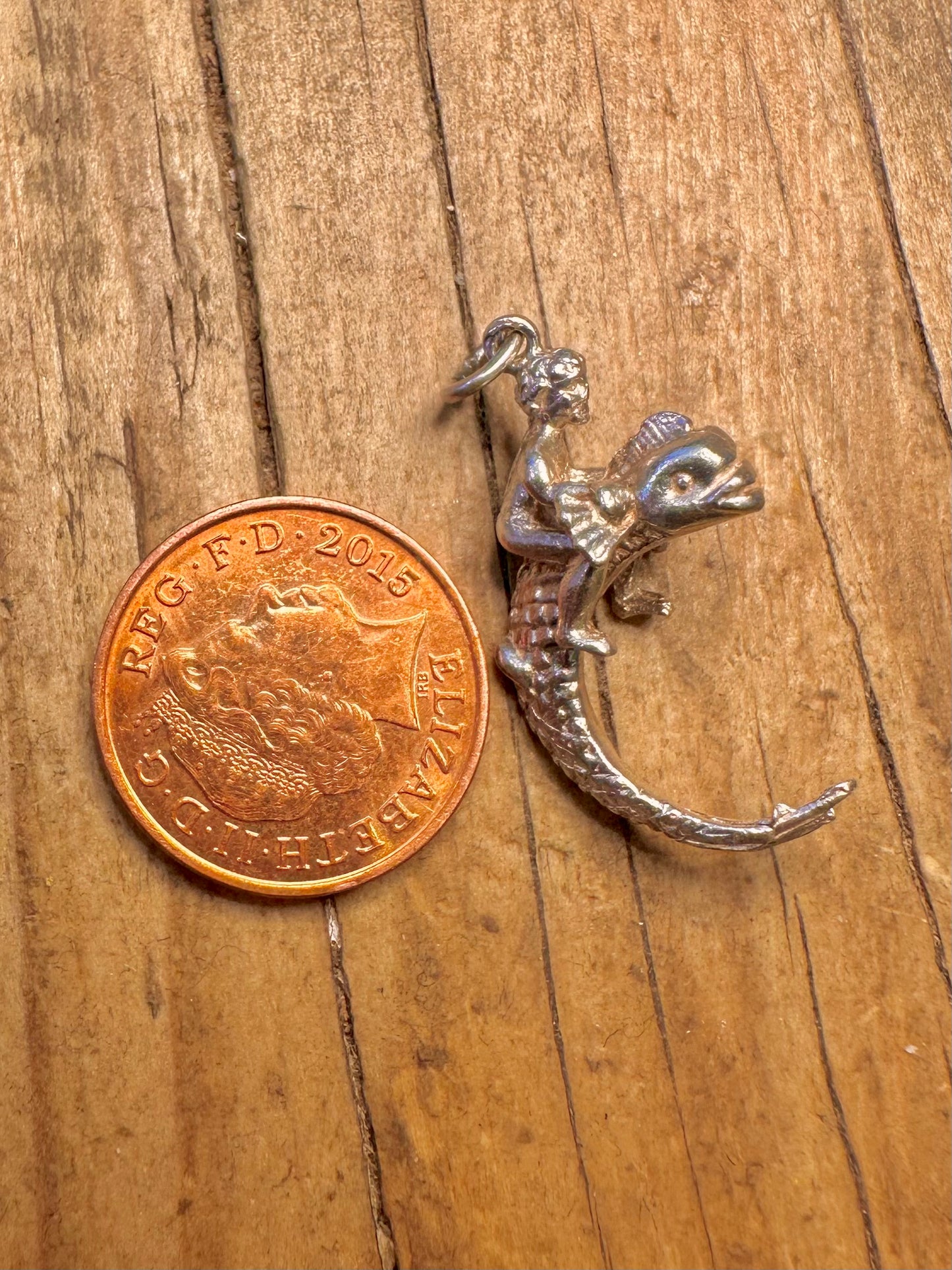 Figure Riding Large Fish 925 Sterling Silver Charm Pendant