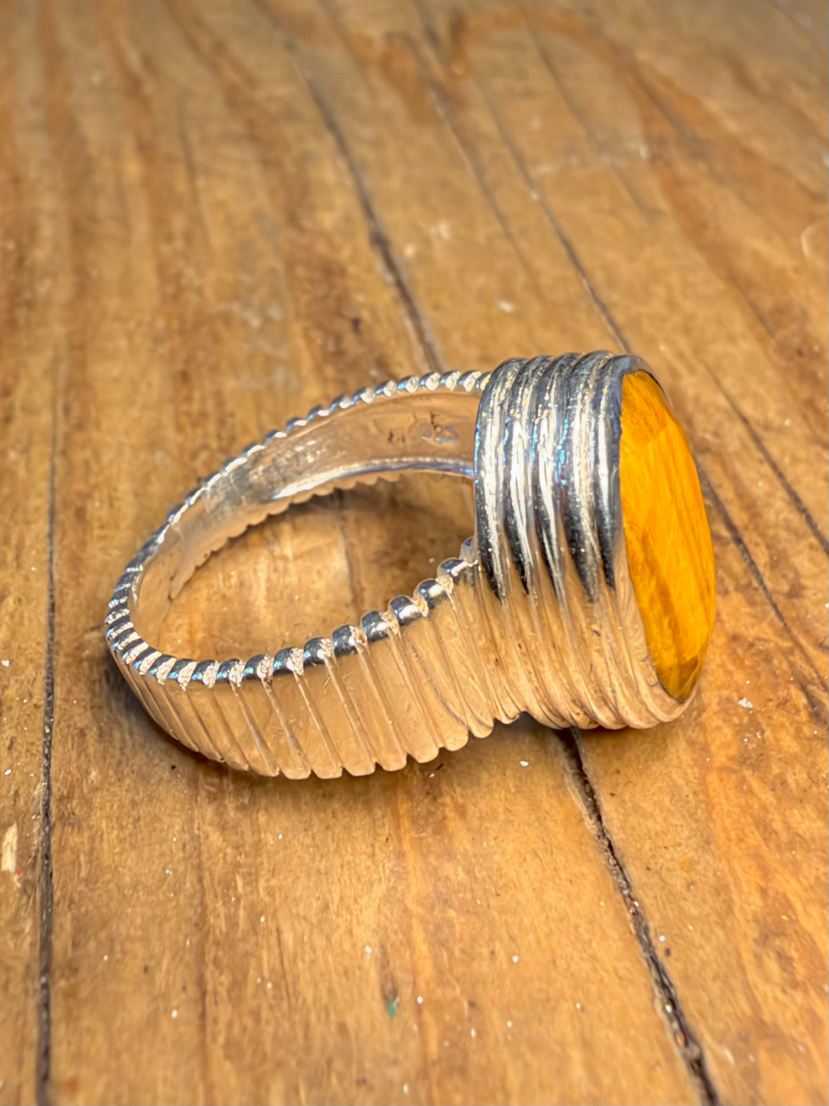 Tigers Eye Faceted Textured 925 Sterling Silver Size O Ring