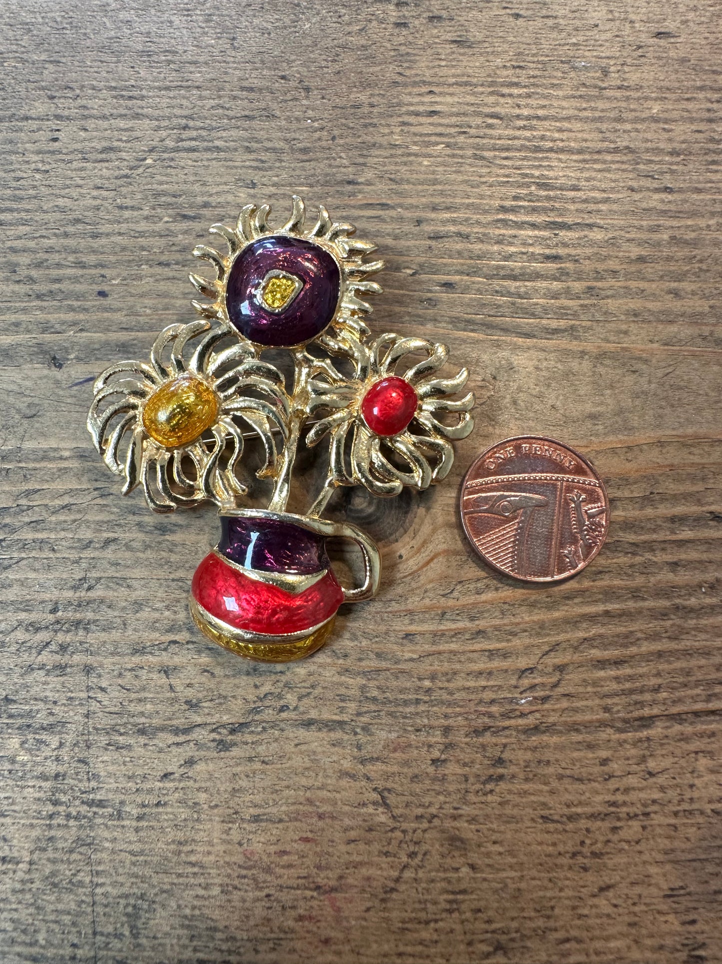 Vintage 80’s Van Gogh Style Flower in Vase Enamel Costume Brooch