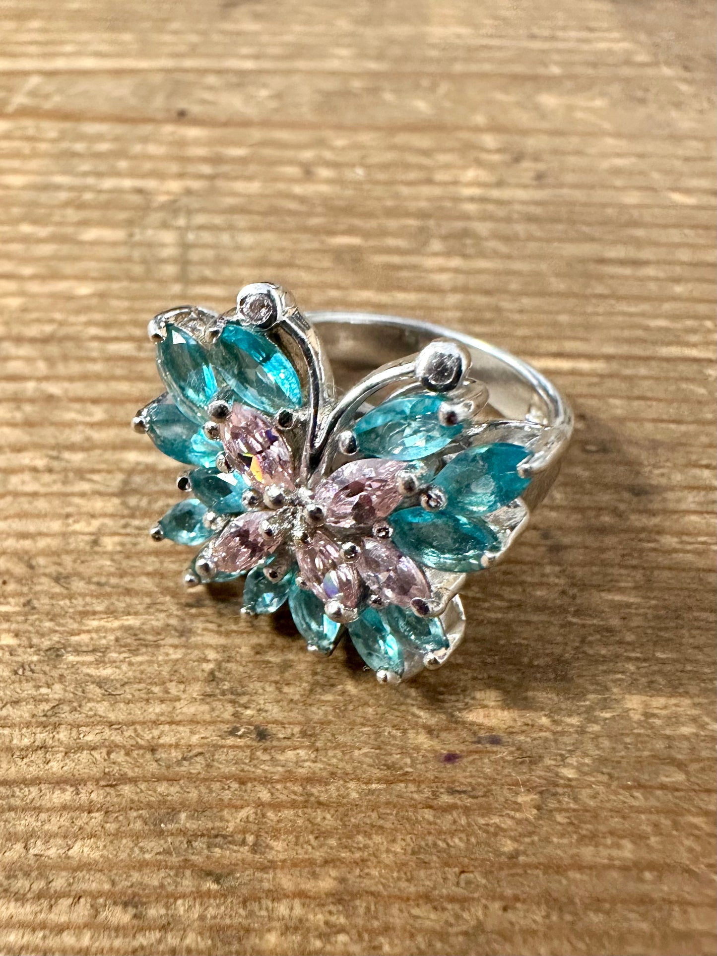 Modern Pink and Blue Butterfly 925 Silver Size N Ring