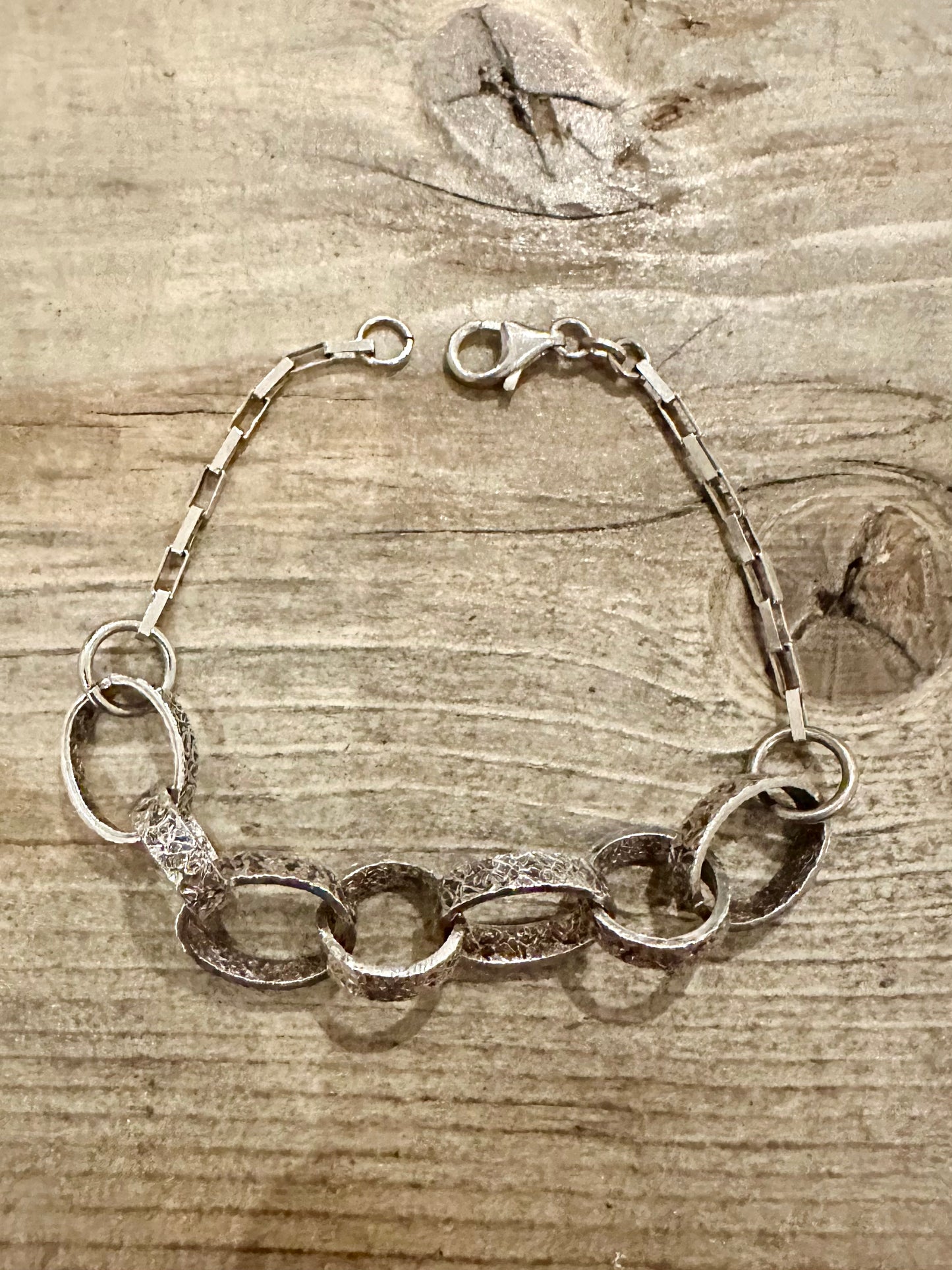 Vintage Bark Effect Oval Link Box Chain 925 Silver 7.5 inch Bracelet