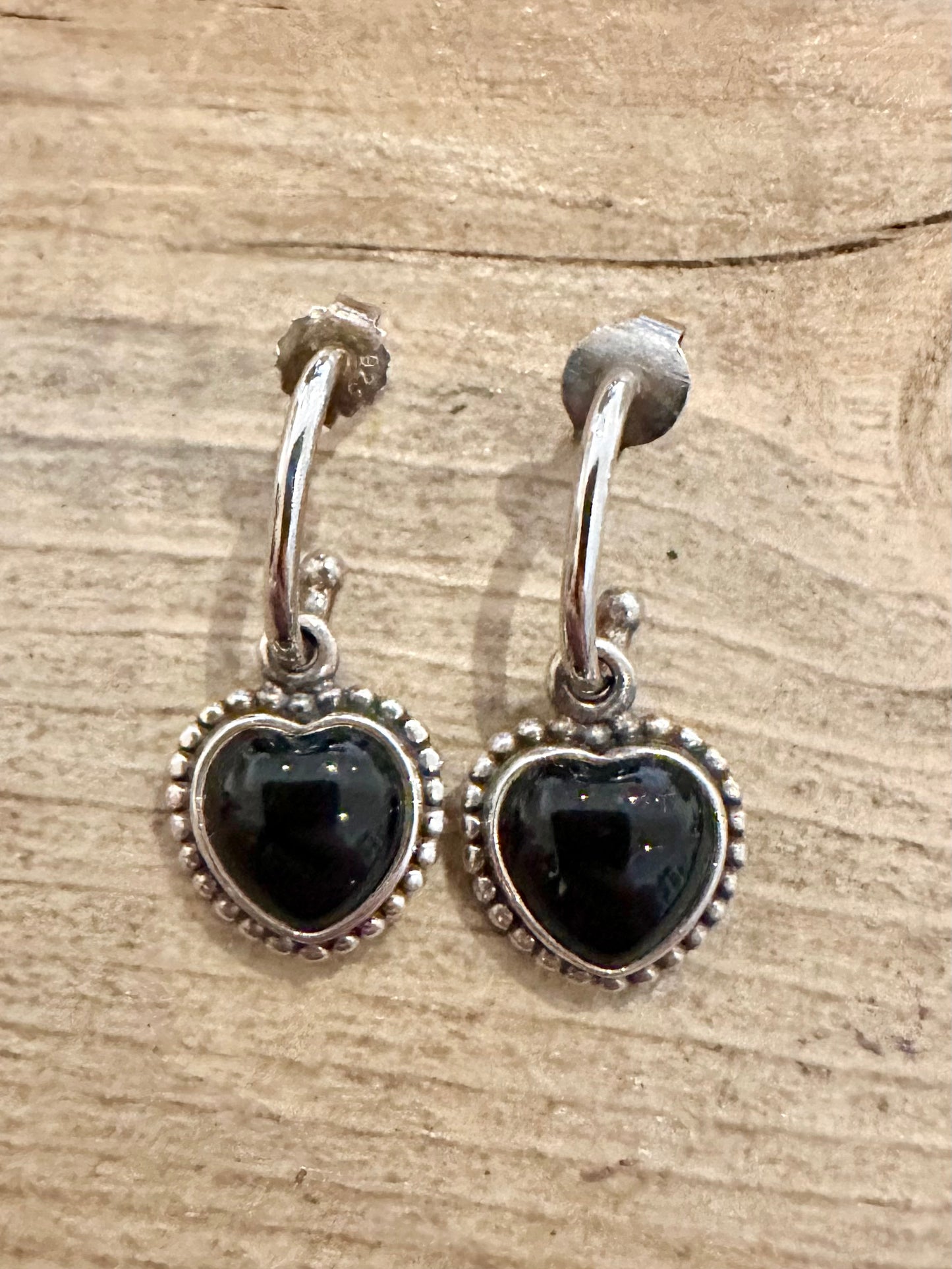 Vintage PANDORA Black Heart 925 Silver Earrings