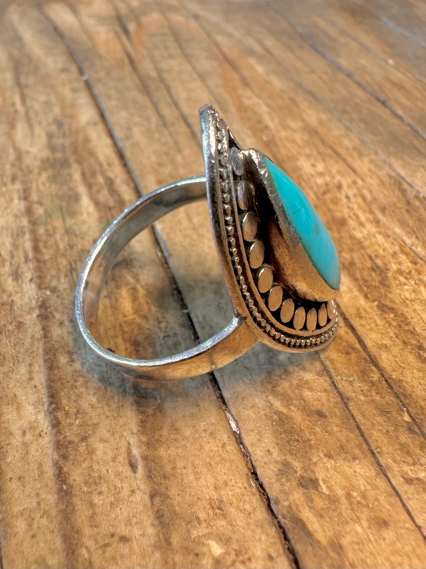 Elongated Turquoise Boho 925 Sterling Silver Size R1/2 Ring