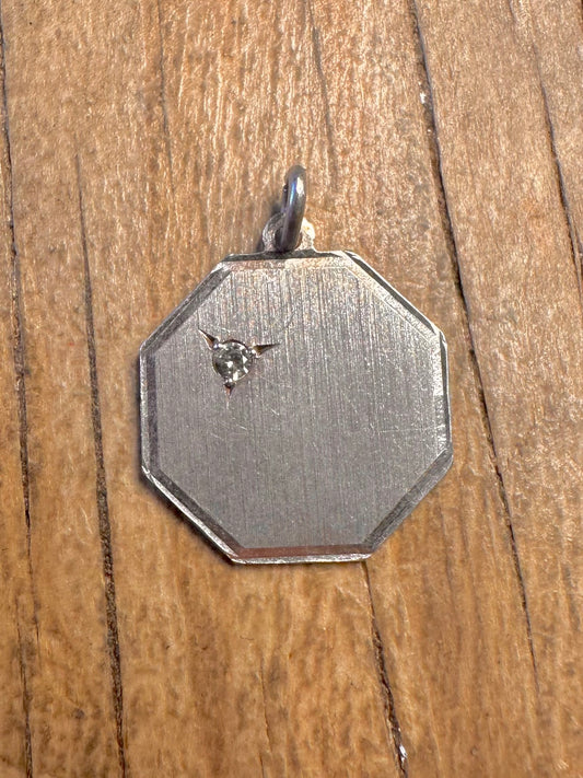 Vintage Octagon Textured CZ Stone 925 Sterling Silver Pendant