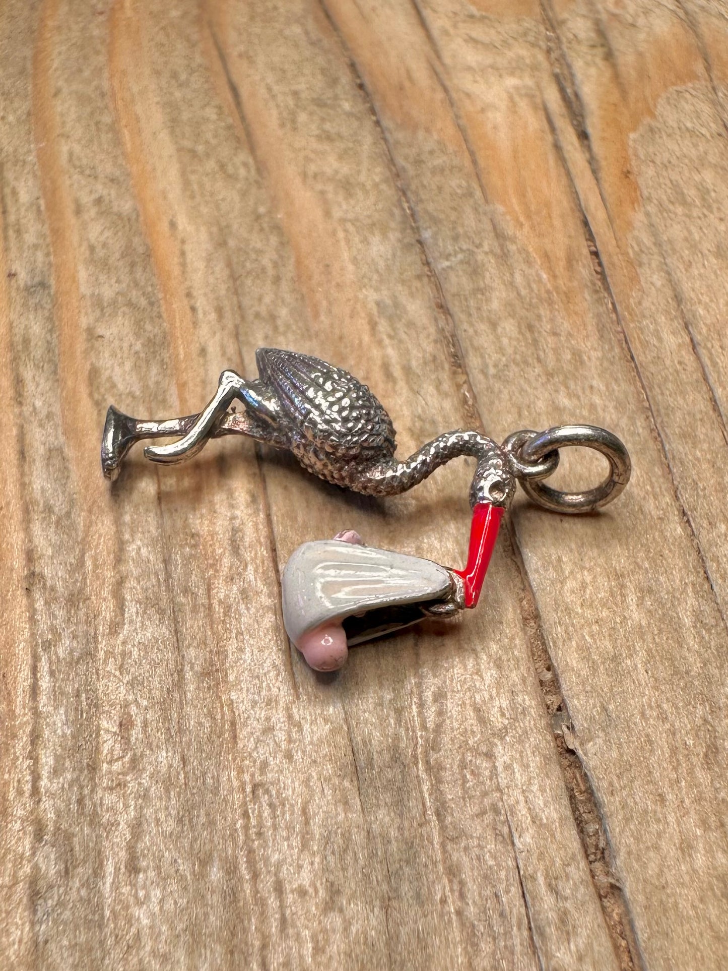 Vintage Stork and Baby Enamel 925 Sterling Silver Charm Pendant