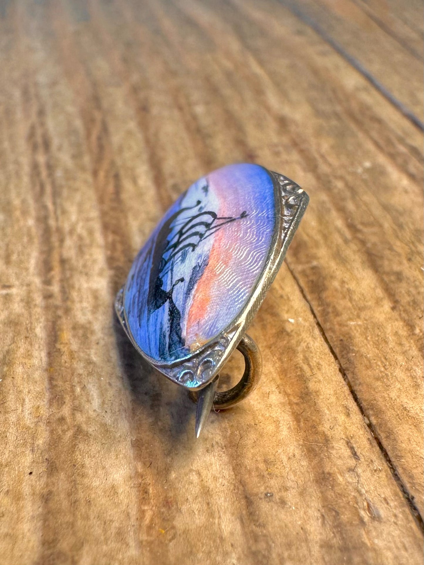 Stunning Norwegian Viking Ship Guilloche Enamel 925 Sterling Silver Brooch