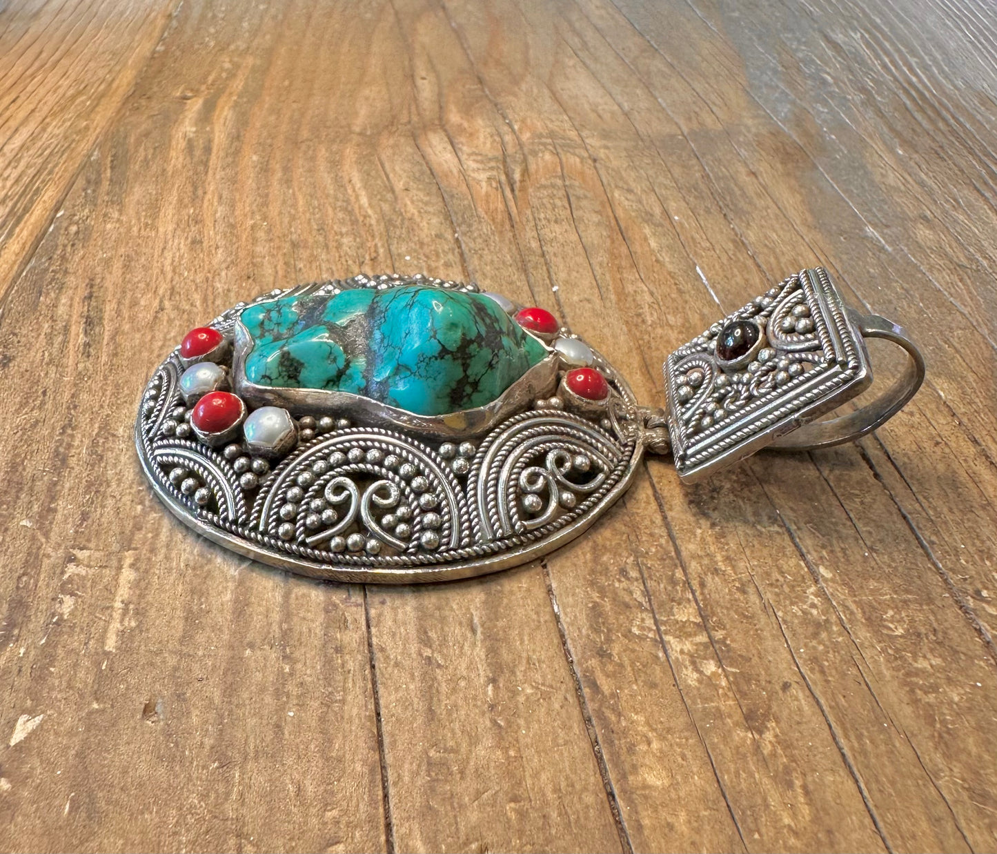 Large Turquoise Coral Amethyst and Pearl Indian Ornate 925 Sterling Silver Pendant