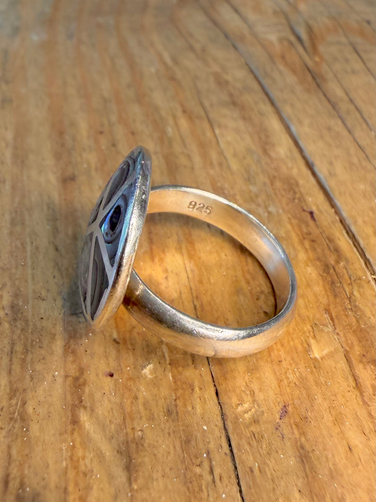 Abalone Inlay Circle 925 Sterling Silver Size R Ring