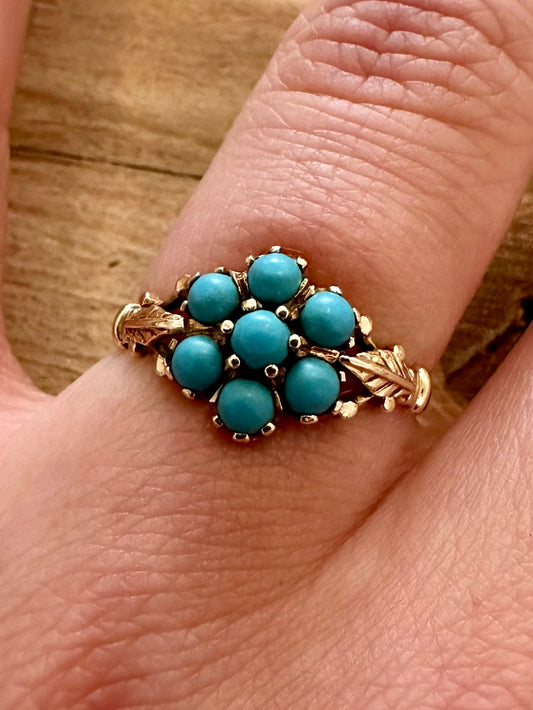 Vintage Turquoise Flower Cluster 9ct Gold Hallmarked Size R Ring