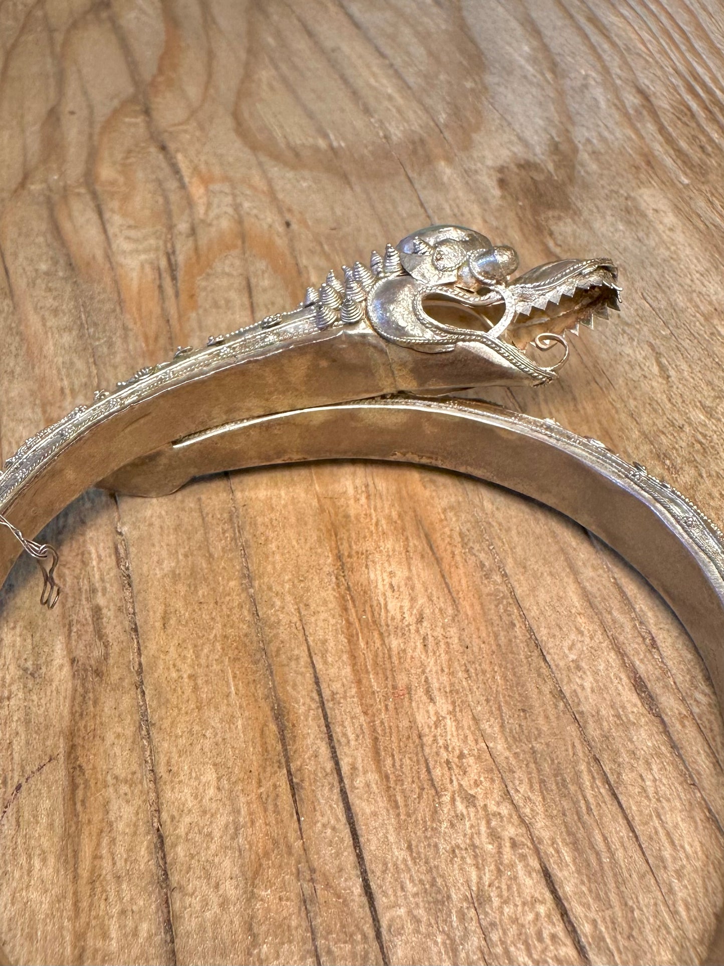 Vintage Dragon Filigree Blue Stone Nepalese Silver Hinged Bangle