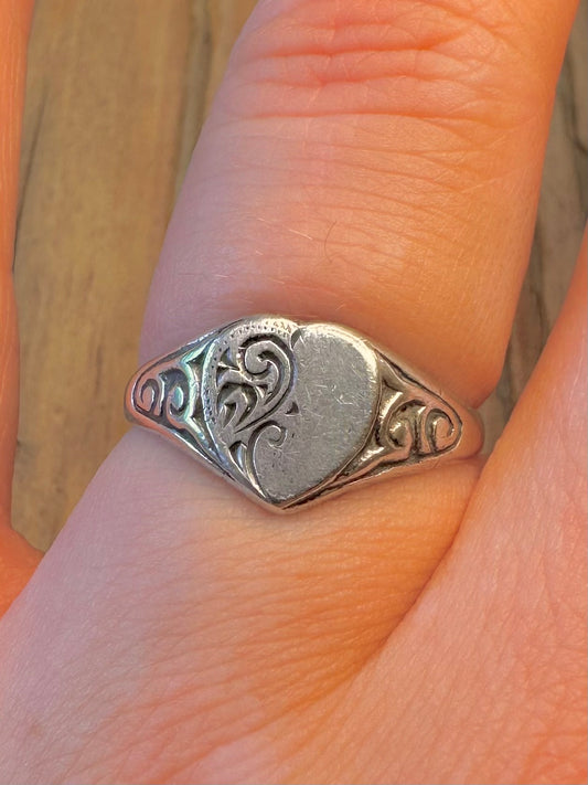 Heart Engraved 925 Sterling Silver Size P1/2 Ring