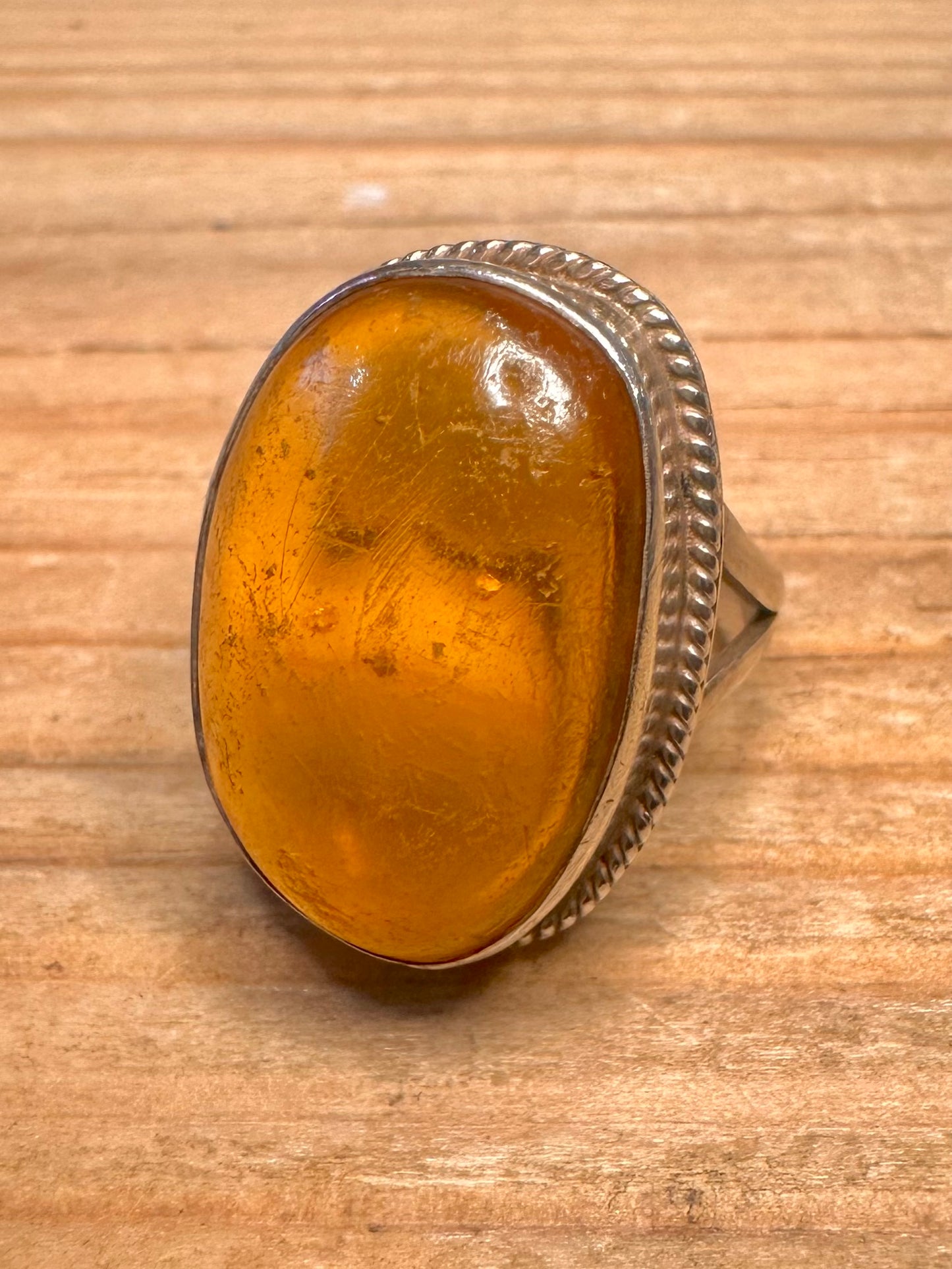 Vintage Amber Oval 925 Sterling Silver Size O Ring