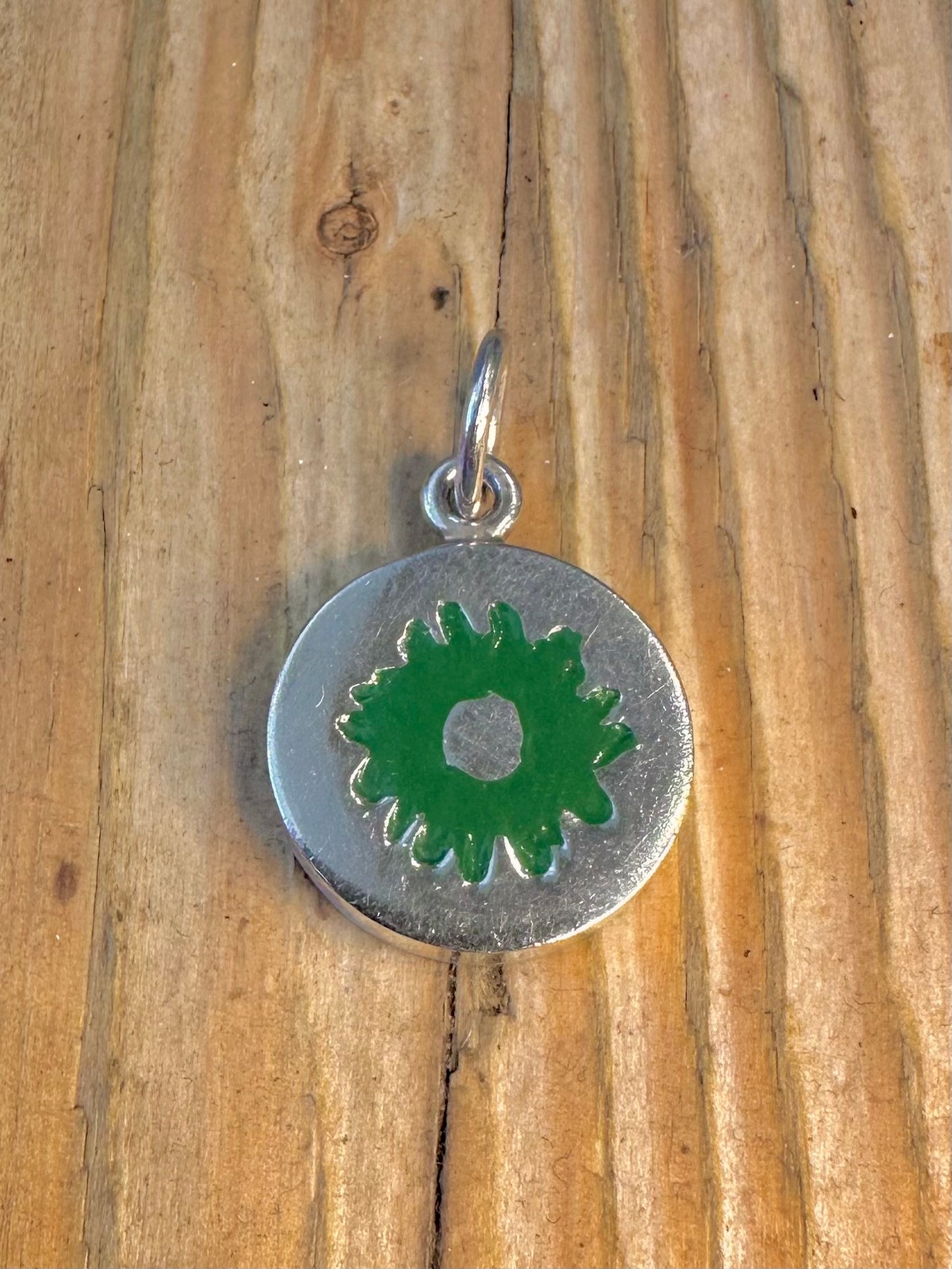 Unique Heavy Green Enamel Circle Solid 925 Sterling Silver Pendant