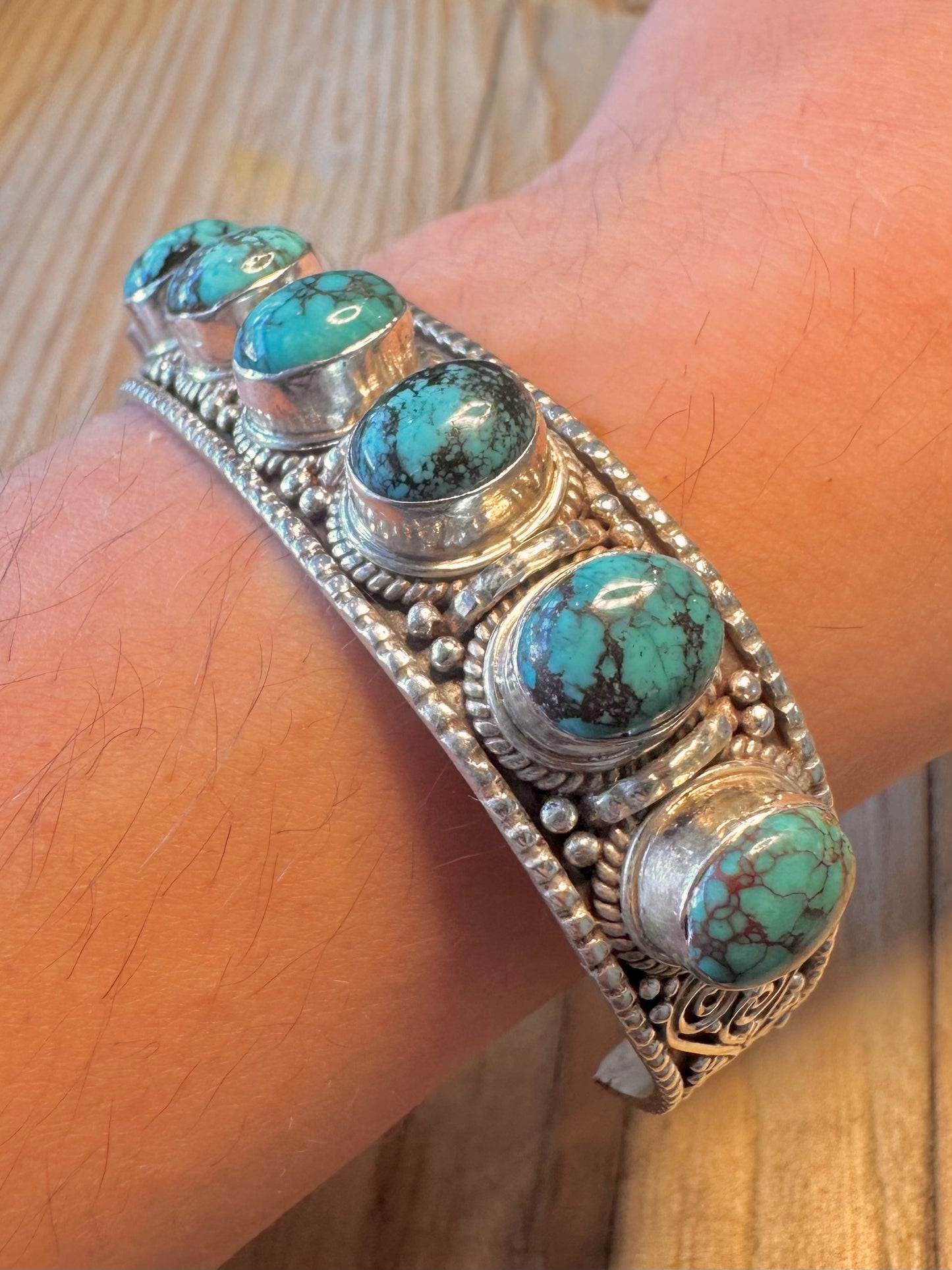Vintage Ornate Turquoise 925 Silver Cuff Bangle