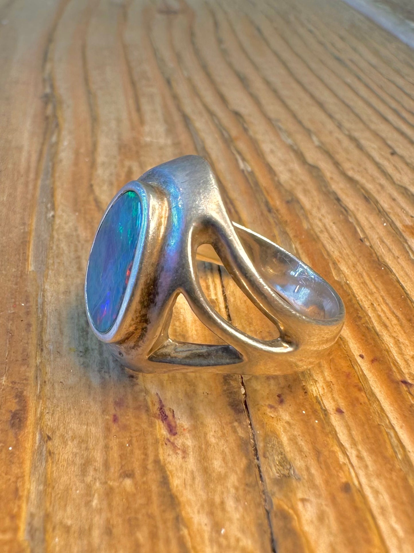 Blue Australian Opal Doublet 925 Sterling Silver Size O Ring