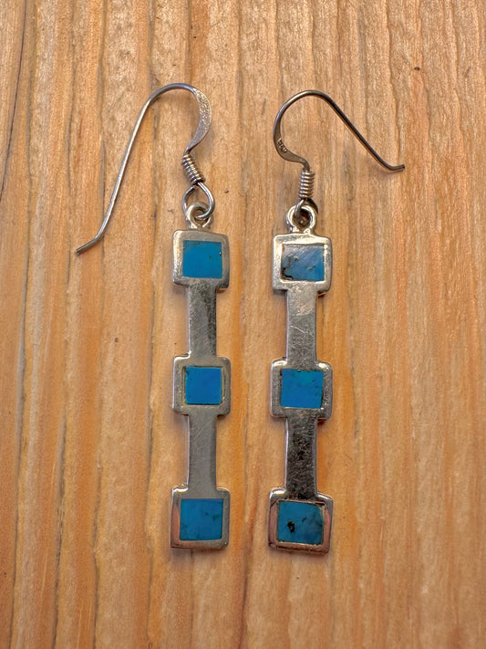 Vintage Abstract Turquoise Inlay Rectangle 925 Silver Earrings