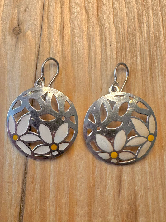 Vintage Enamel Flower Daisy 925 Silver Earrings