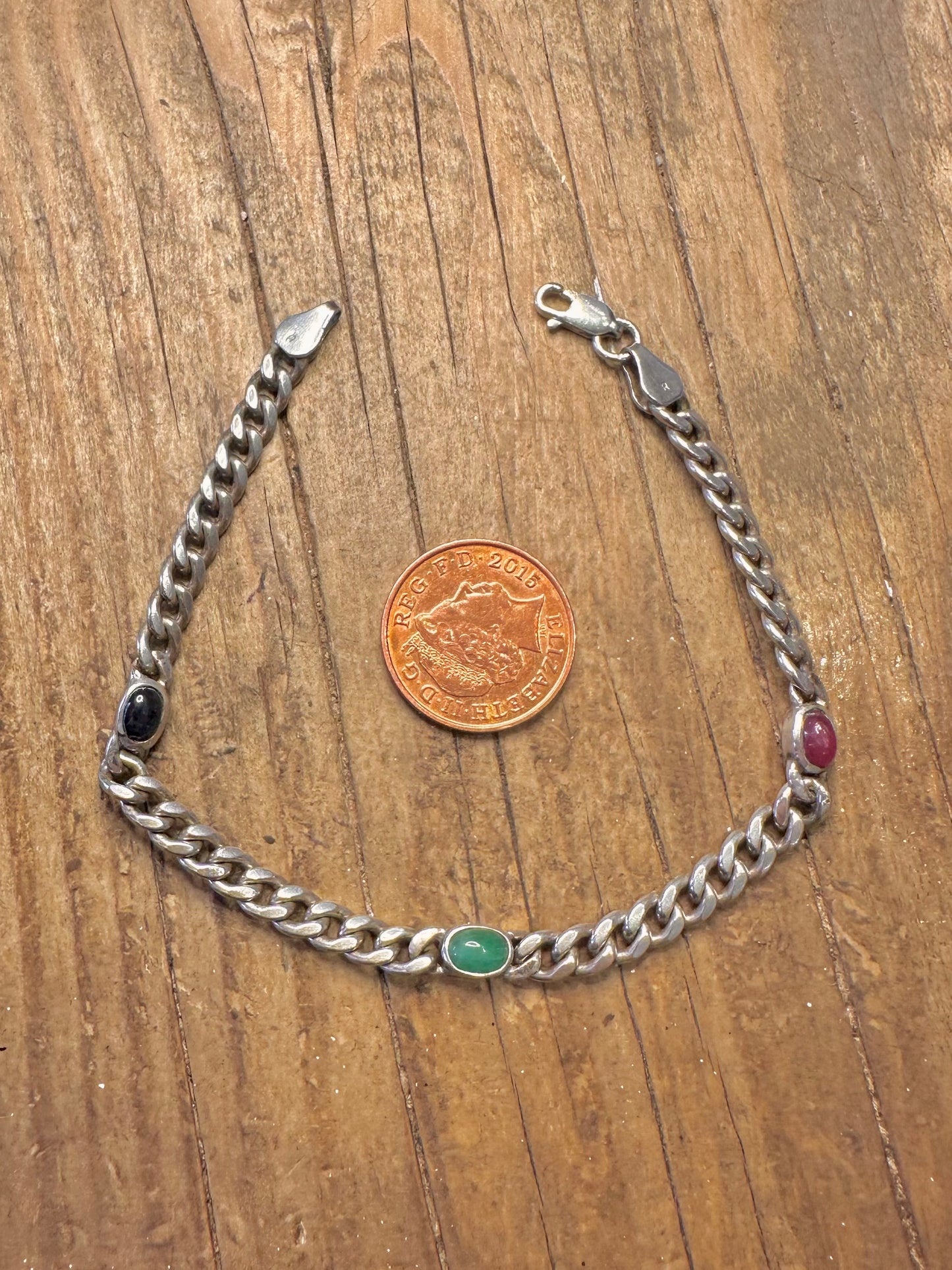Curb Chain with Blue Red Green Stone 925 Sterling Silver 7.8 inch Bracelet