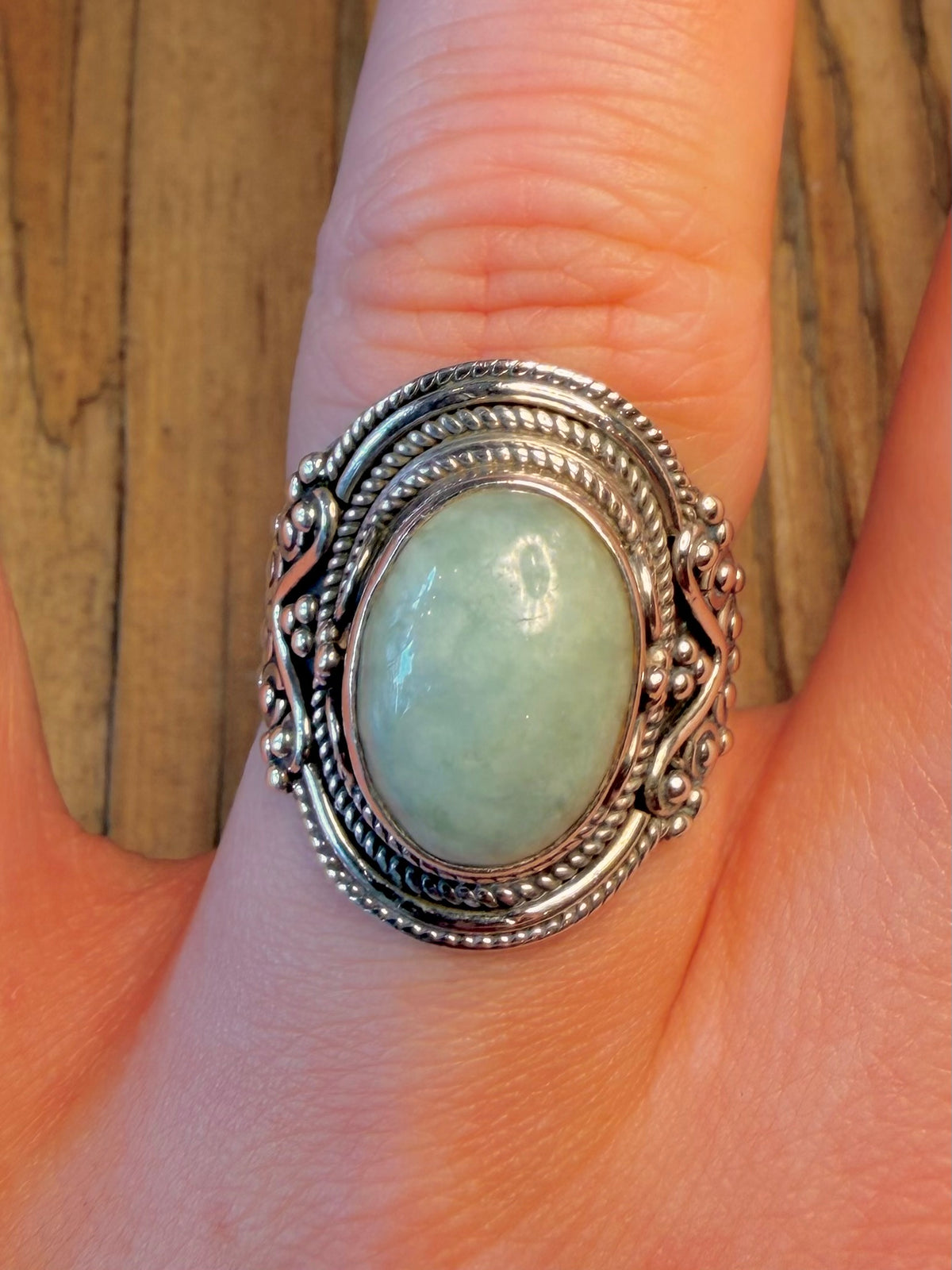 Ornate Jade Boho Style 925 Sterling Silver Size P Ring