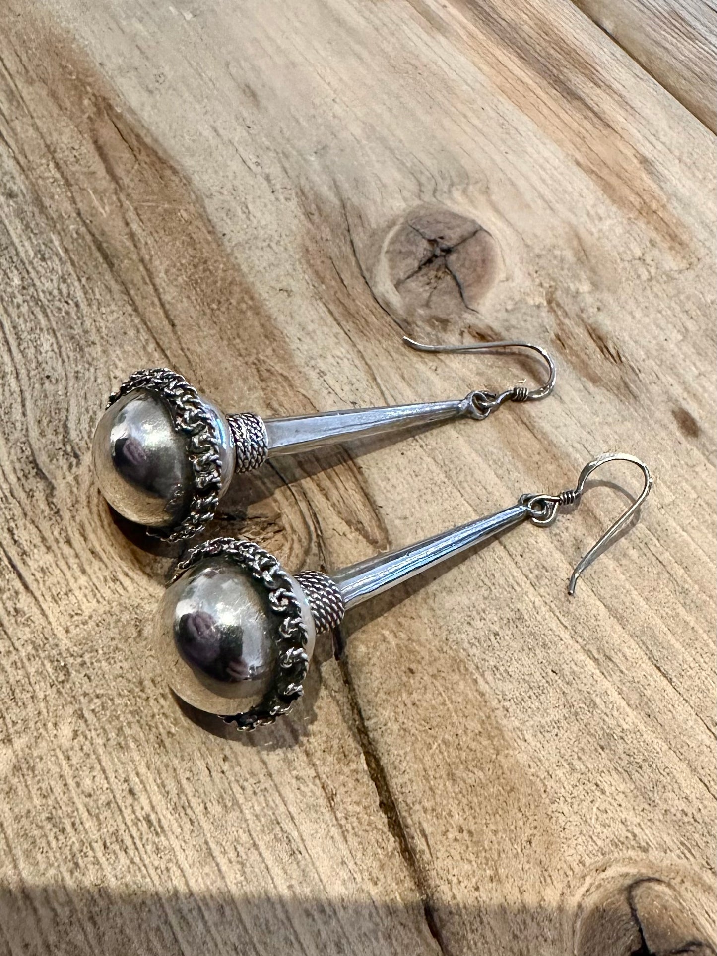 Vintage Large Tribal Ball Dangle 925 Silver Earrings