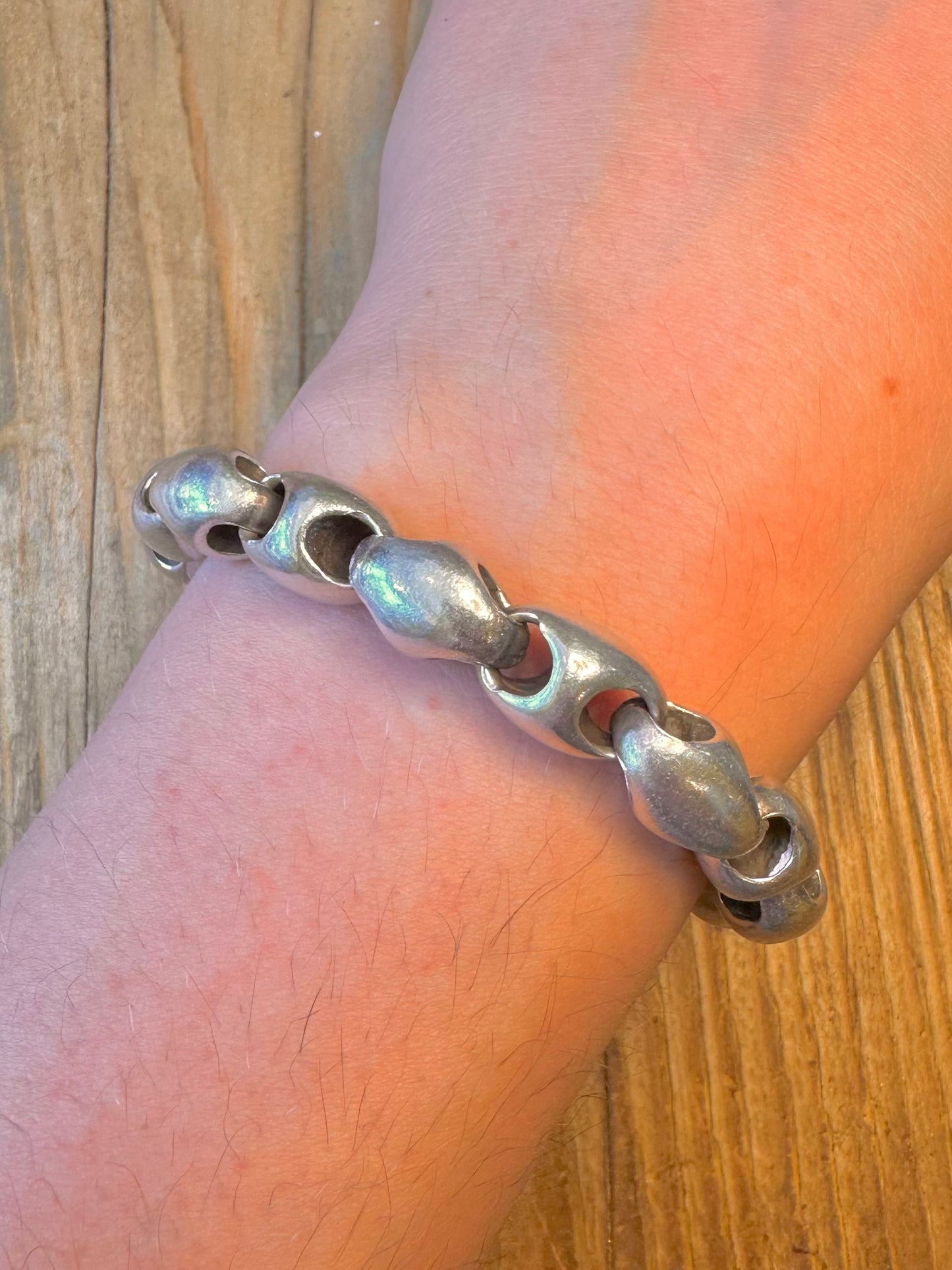Abstract Chunky Heavy Bean Link 925 Sterling Silver 8.4 inch Bracelet