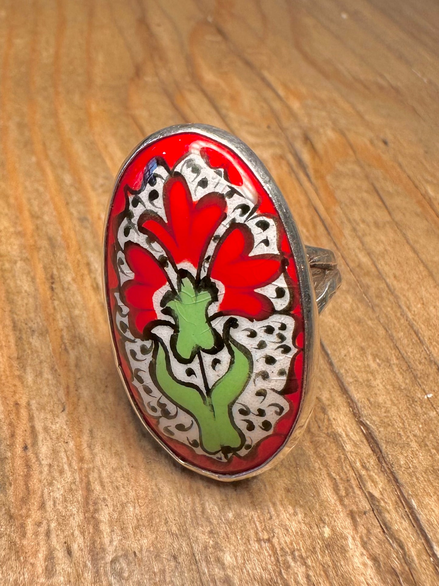 Vintage Red White Painted Flower Design Oval 925 Sterling Silver Size M1/2 Ring