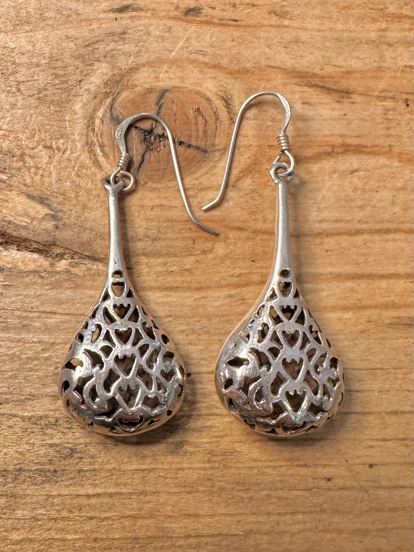 Vintage Filigree Tear Drop 925 Silver Earrings