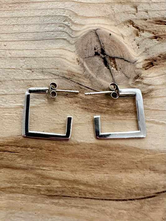 Abstract Flat Square 925 Silver Hoop Earrings