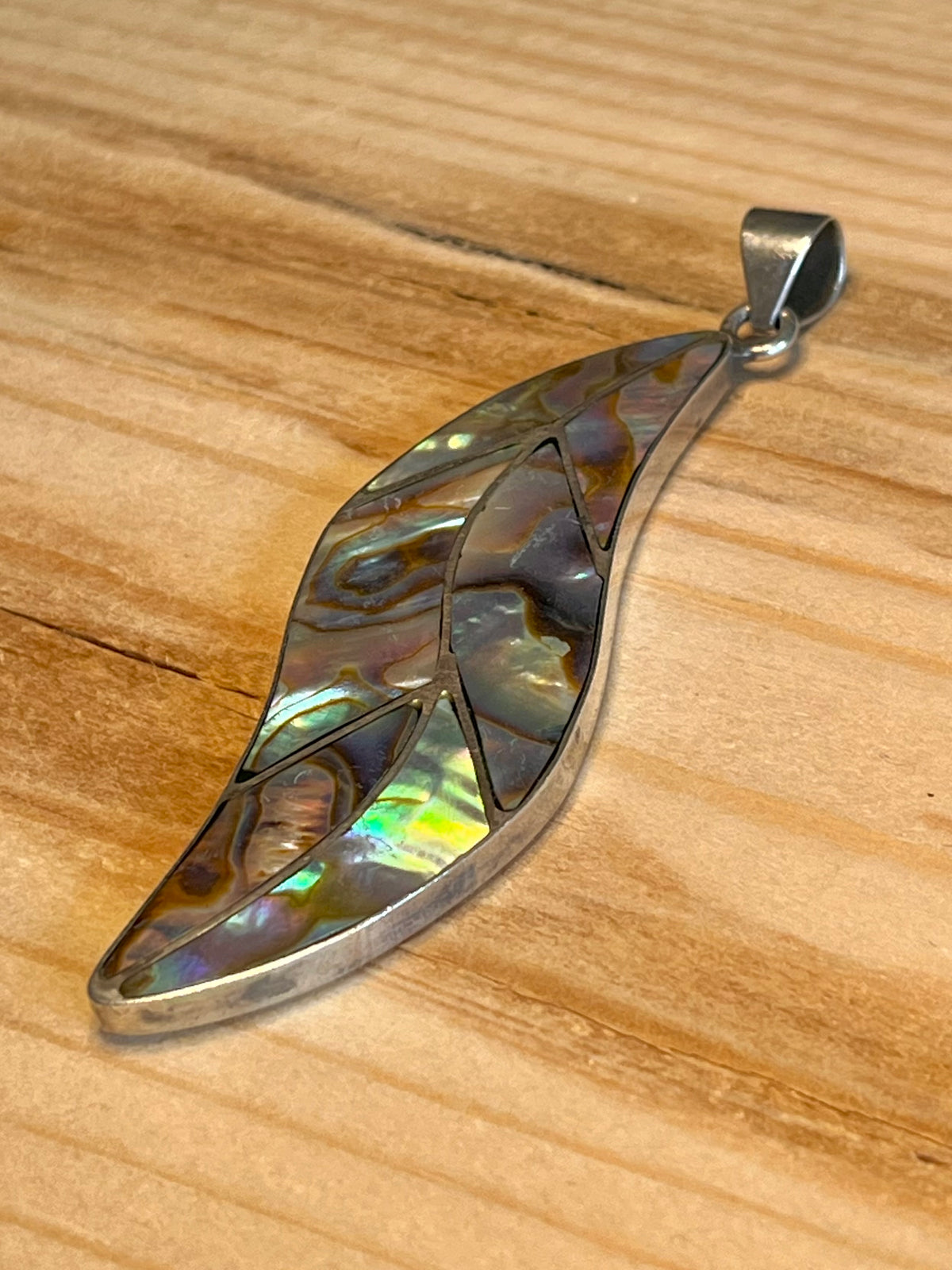 Large Leaf Shaped Abalone Shell 925 Sterling Silver Pendant