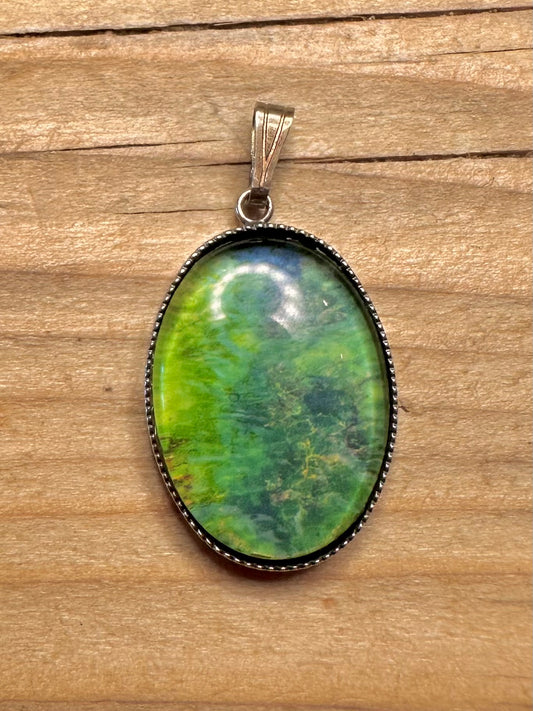 Vintage Green Blue Oval 925 Sterling Silver Pendant