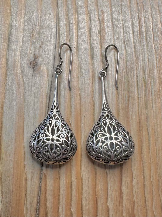 Vintage Filigree Dangle Tear Drop 925 Sterling Silver Earrings