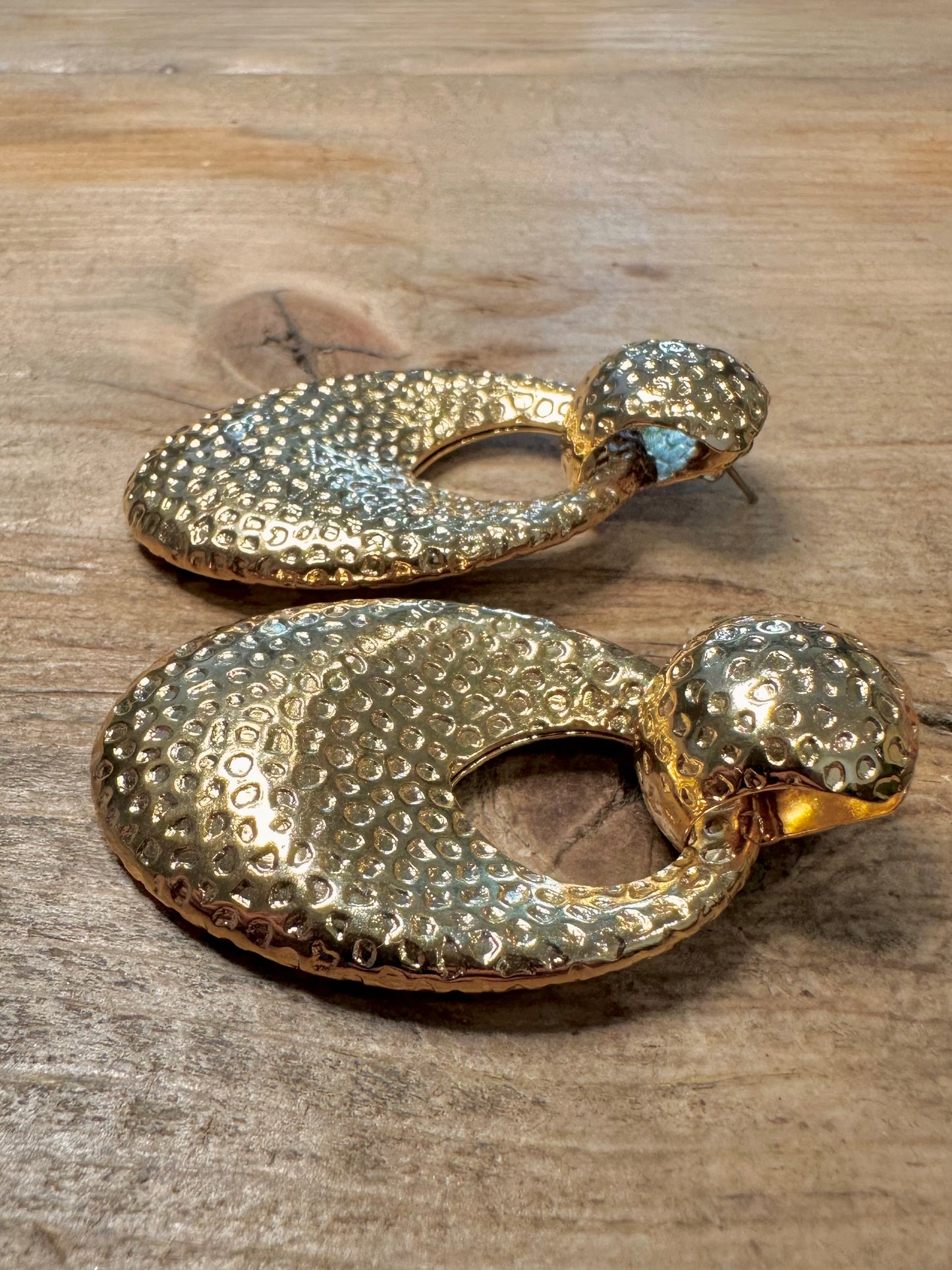 Vintage Large Oval Textured Gold Costume Earrings