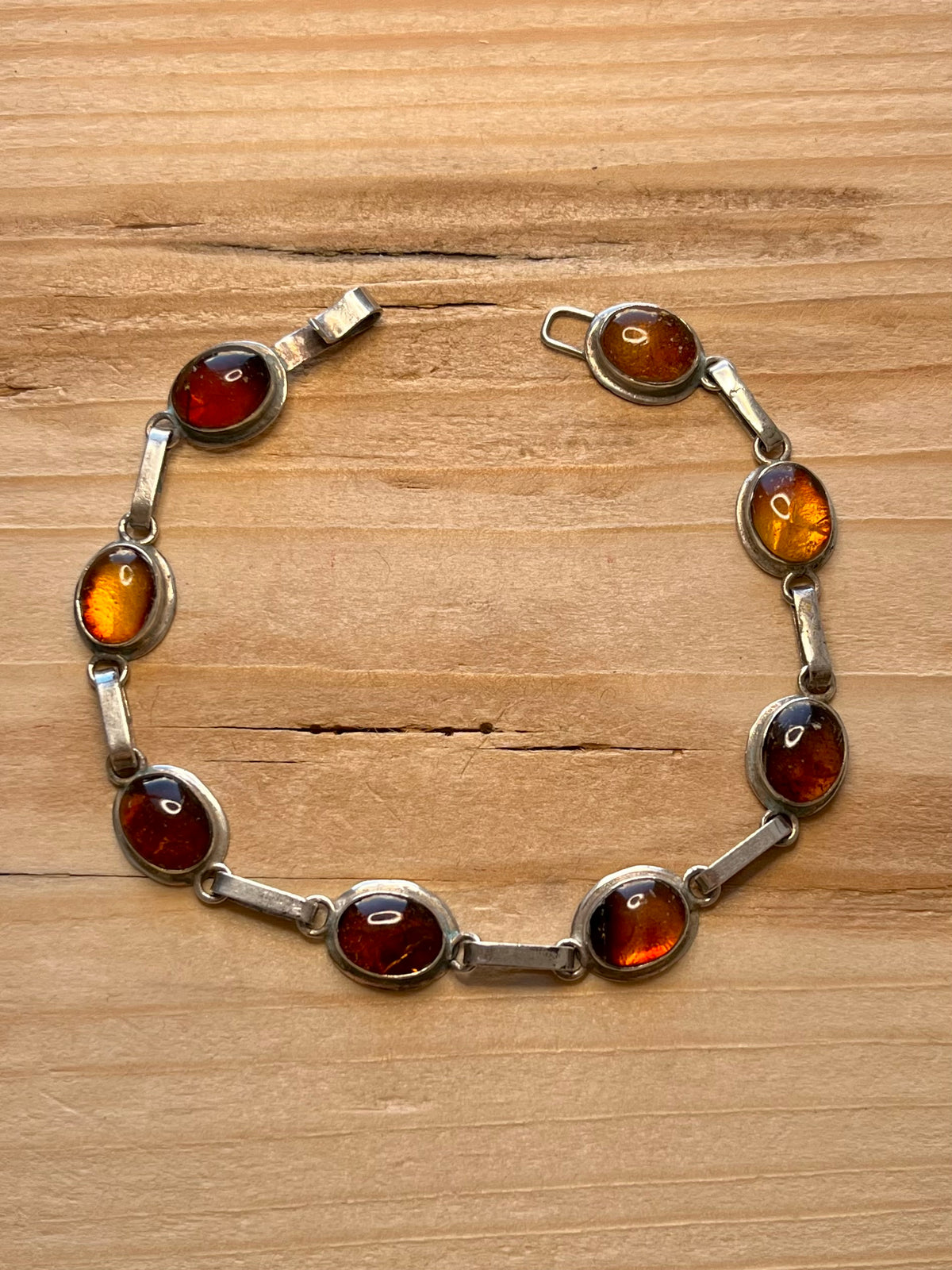 Oval Amber Link 925 Sterling Silver 7.5 Inch Bracelet