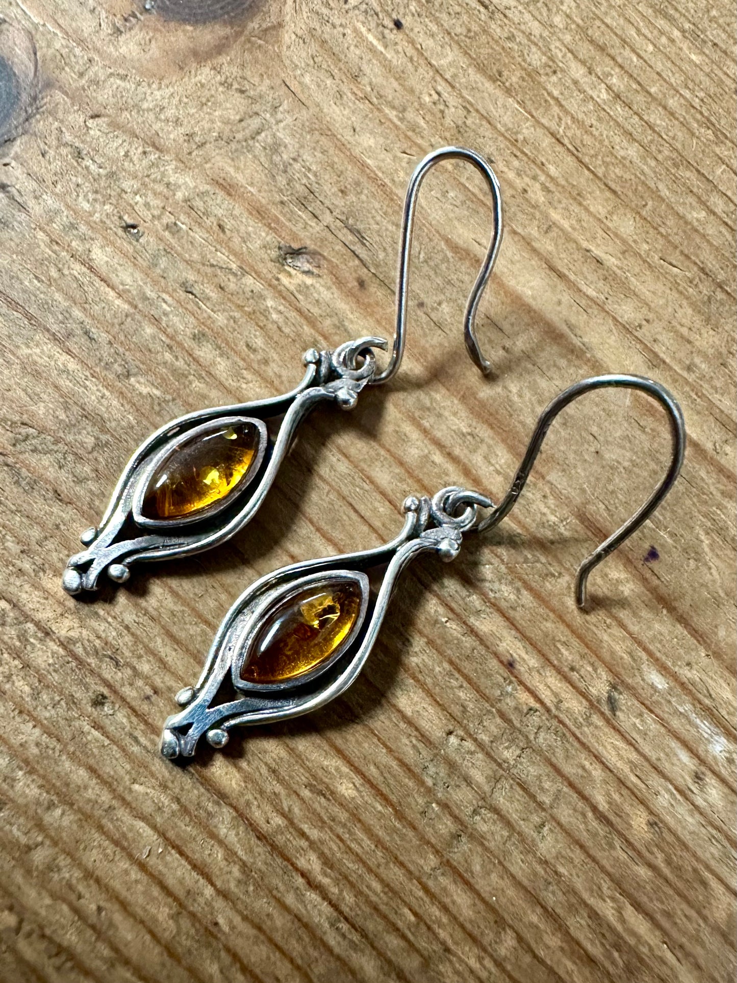 Vintage Ornate Amber Dangle 925 Silver Earrings