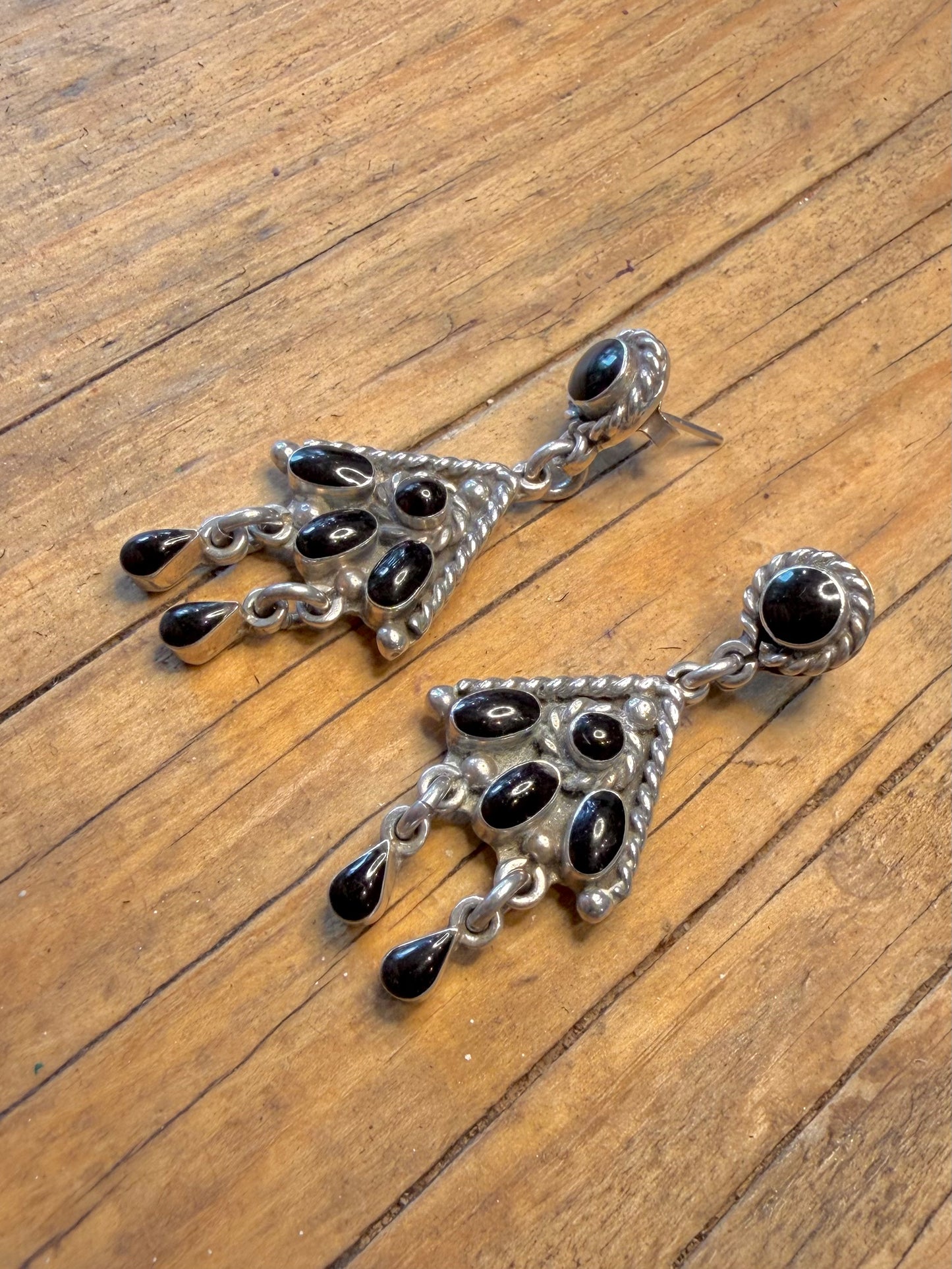 Black Onyx Mexican Dangle 925 Sterling Silver Earrings