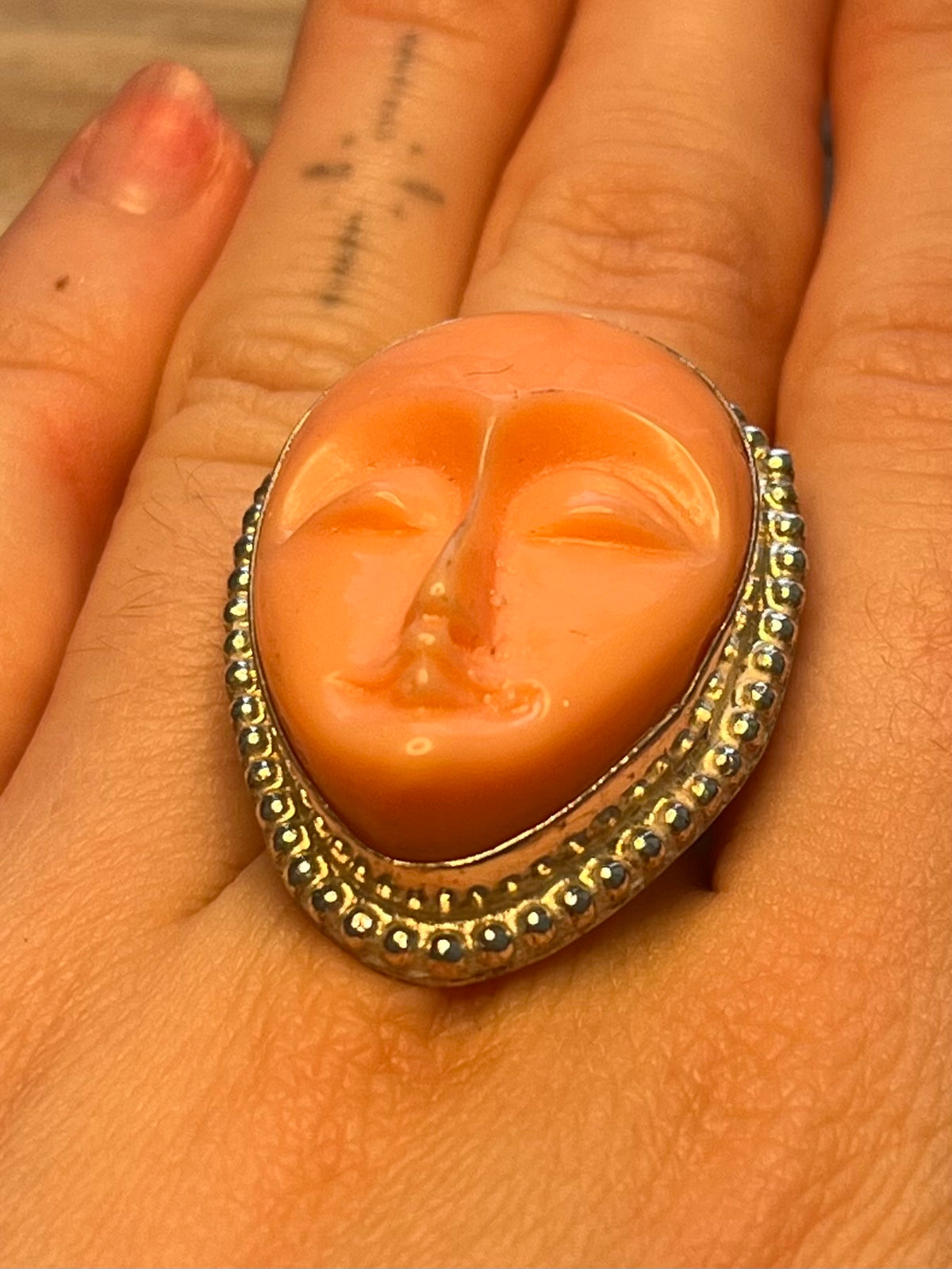 Moon Face Carved Peach Colour  925 Sterling Silver Size R Ring