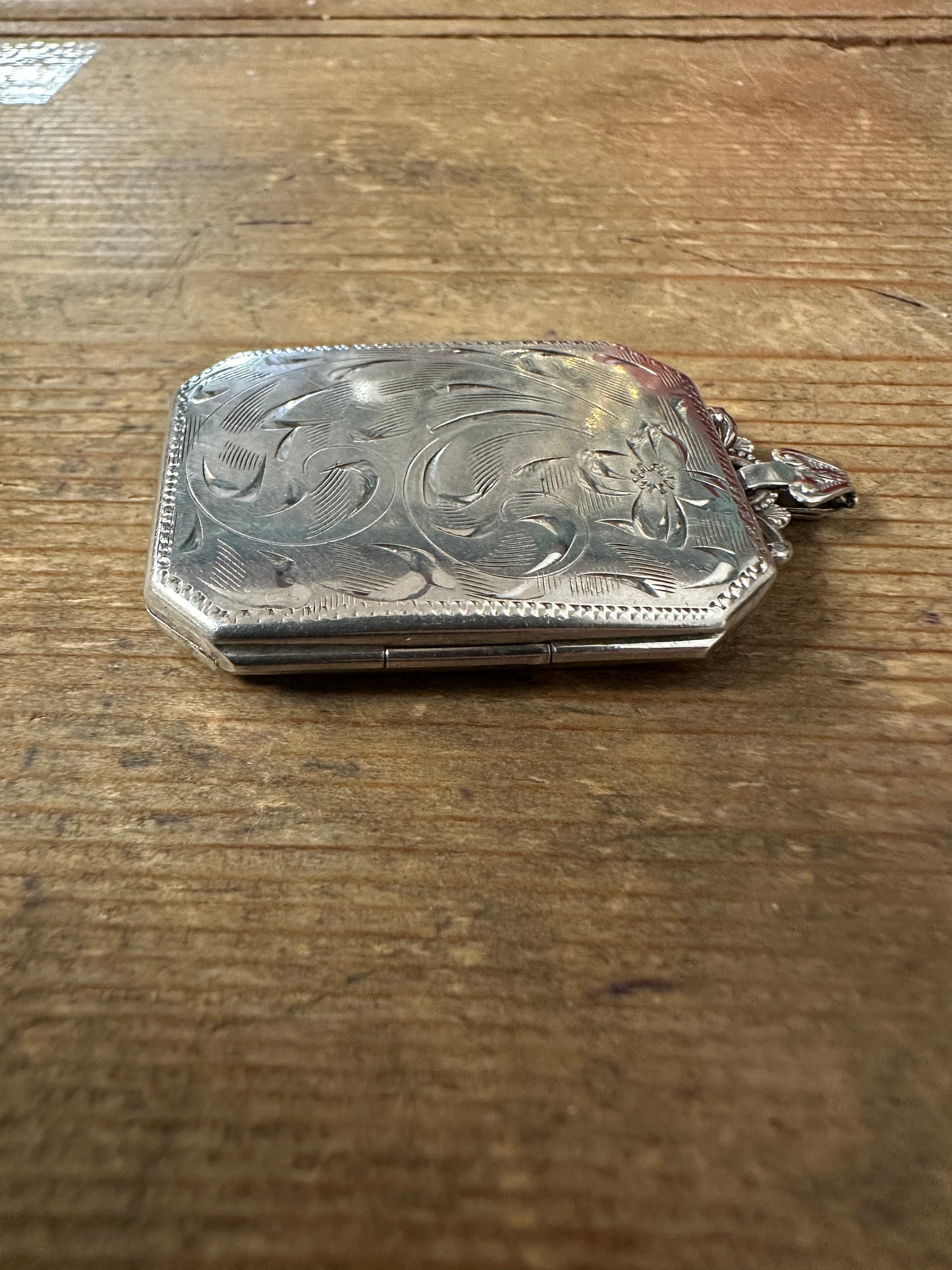 Vintage Large Rectangular Floral Engraved Sterling Silver Ecco Ster Locket Pendant