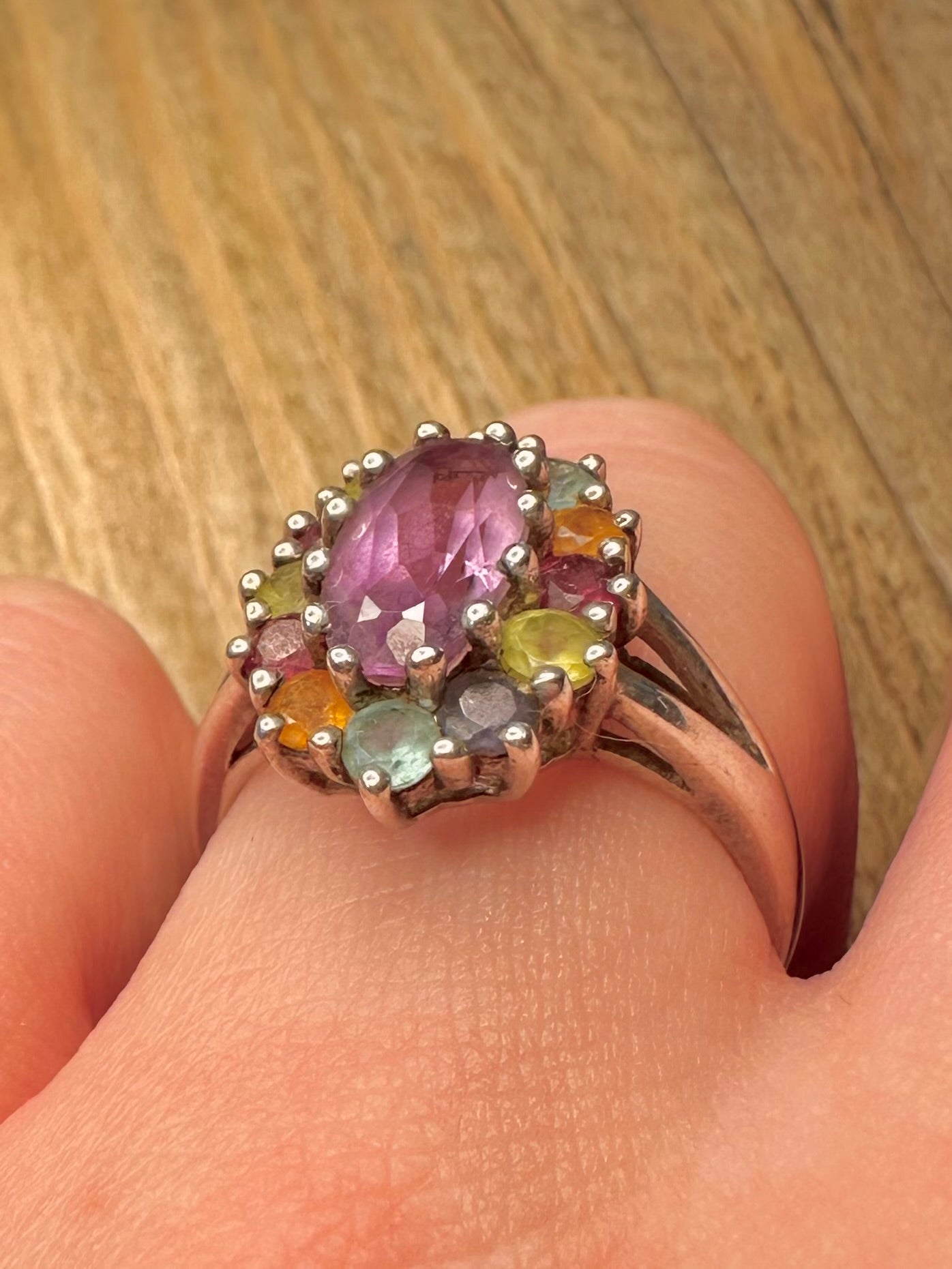 Vintage Multi Gemstone Cluster 925 Sterling Silver Size S Ring