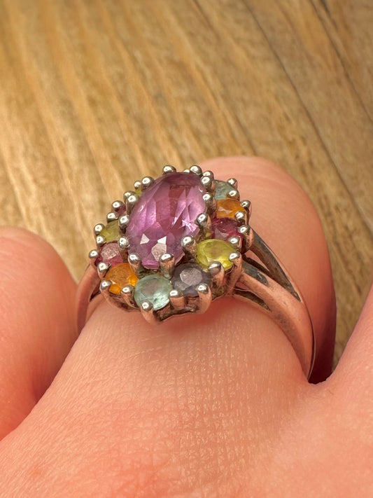 Vintage Multi Gemstone Cluster 925 Sterling Silver Size S Ring