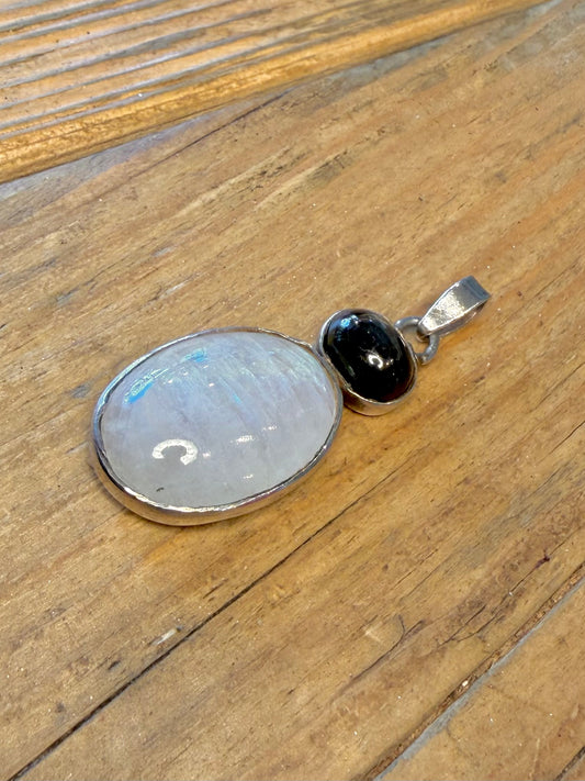 Moonstone and Dark Cabachon 925 Sterling Silver Pendant