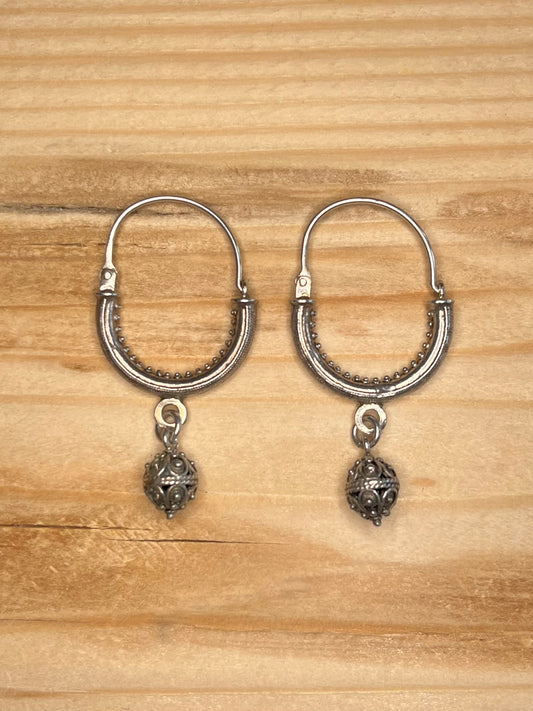 Ornate Style Dangling Hoops 925 Sterling Silver Earrings