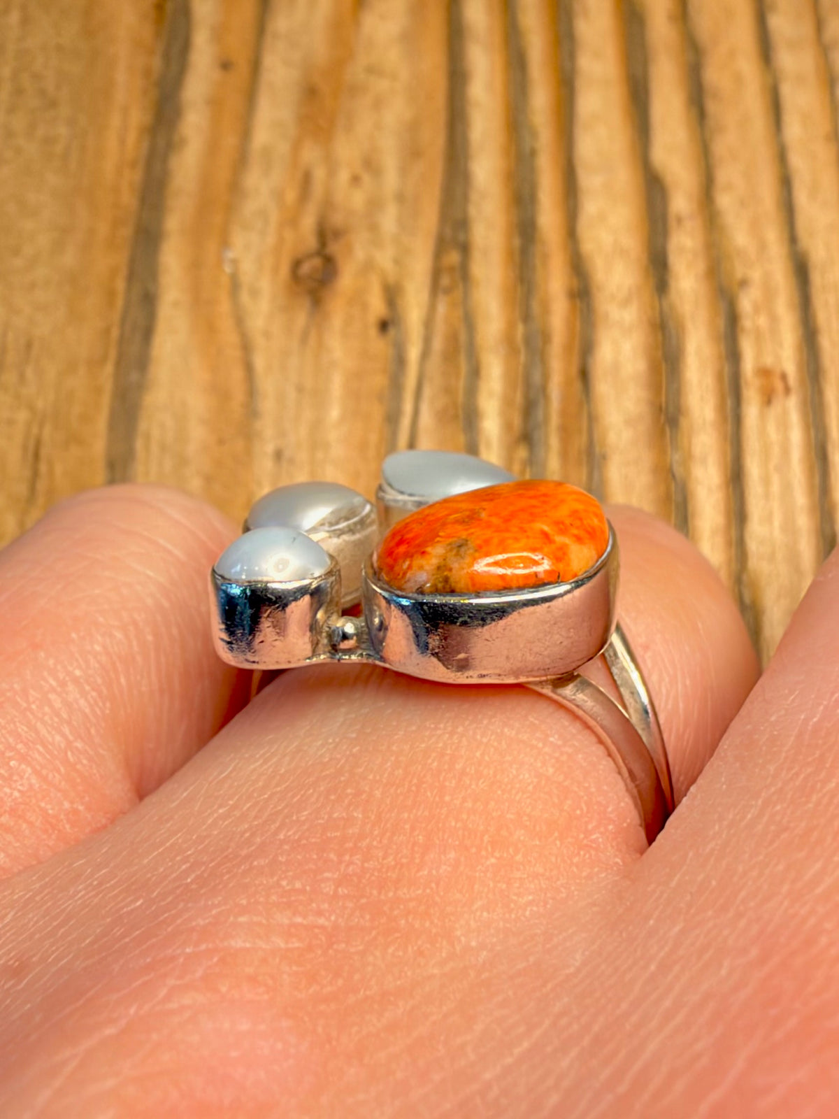 Pearl and Orange Stone 925 Sterling Silver Size S Ring