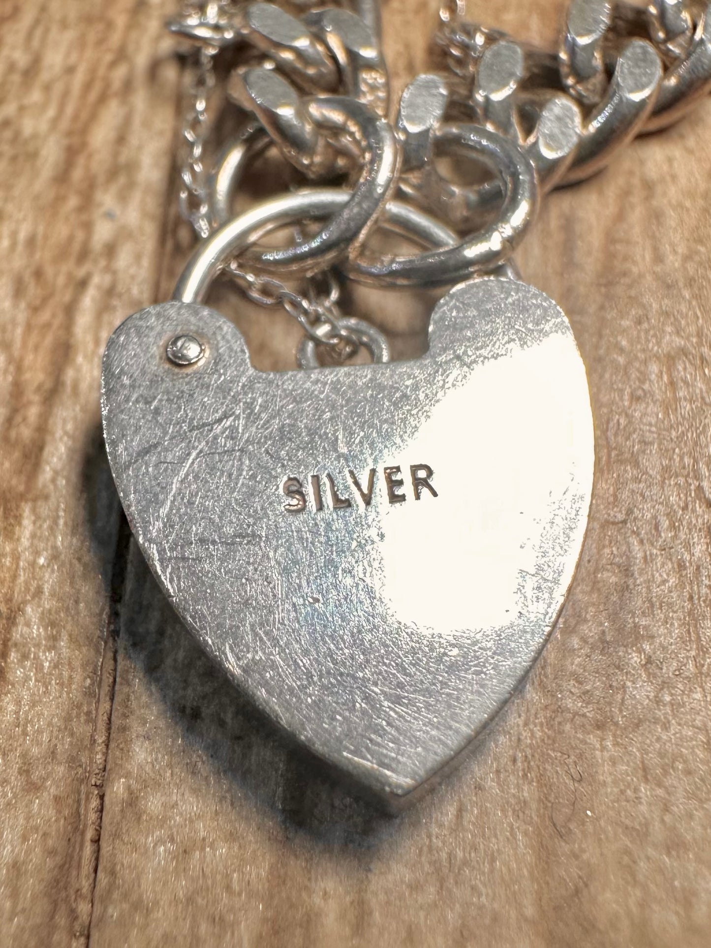 Vintage Heart Padlock Curb Chain 925 Sterling Silver 7 inch Bracelet