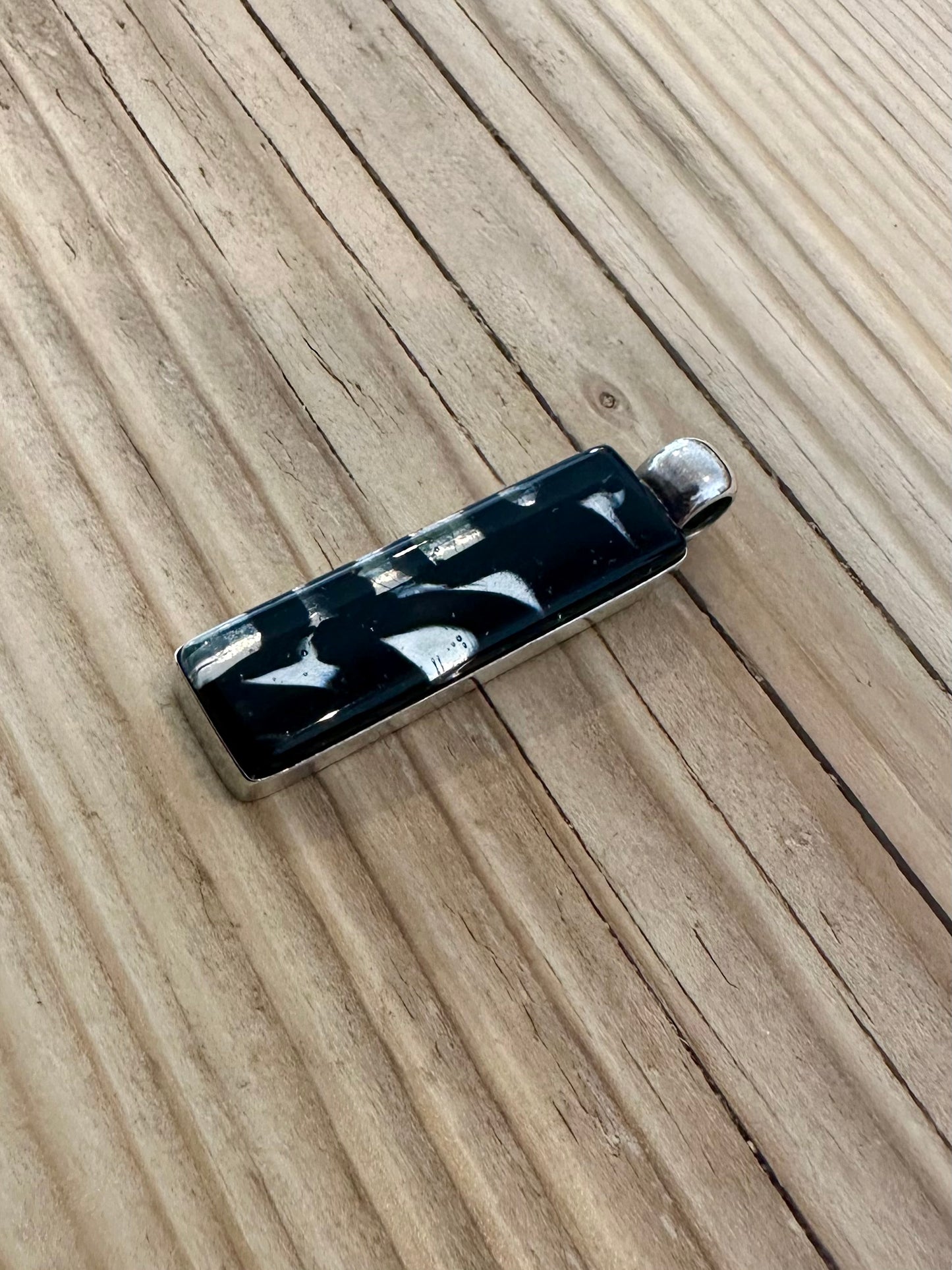 Abstract Black and Silver Resin Rectangle 925 Silver Pendant