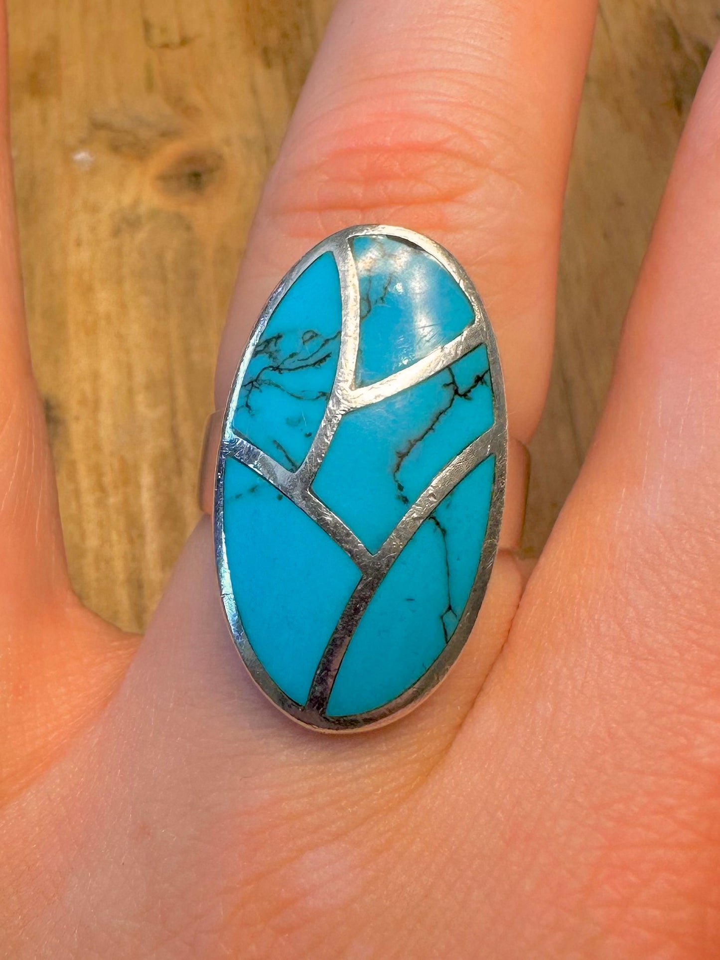 Howlite Mosiac Oval 925 Sterling Silver Size P Ring
