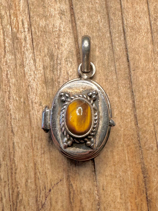 Vintage Tigers Eye Locket 925 Sterling Silver Pendant